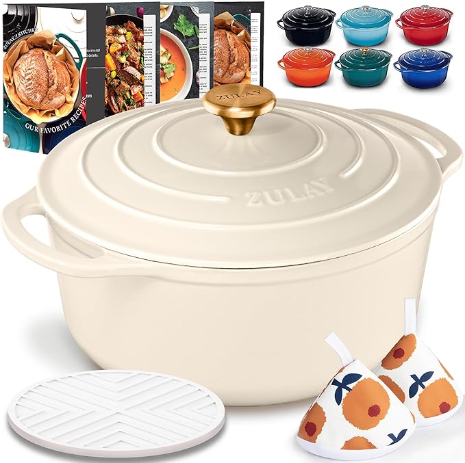 Zulay Kitchen 6 Quart Enameled Cast Iron Dutch Oven Pot with Lid – Premium Durability & Oven Safe up to 500°F – Heavy Duty Cookware Perfect for Bread Baking, Stews, Braising & Roasting - Ivory