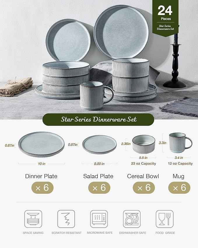 Famiware Star Dinnerware Set with Mugs, Service for 6 (24 Pieces), Ribbed Stoneware Plates and Bowls Dishes Sets - Chip & Scratch Resistant, Microwave & Dishwasher Safe, Smoky Blue