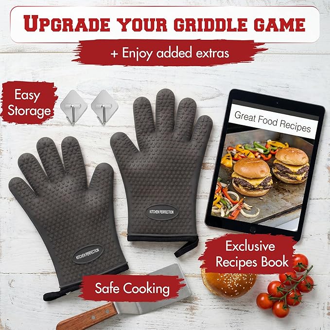 KITCHEN PERFECTION Silicone Oven & Griddle Gloves -Extreme Heat Resistant BBQ & Grilling Gloves -Handle Hot Food Right on Your Griddle |Waterproof Oven Mitts Grill Gloves |Superior Set+3 Bonuses