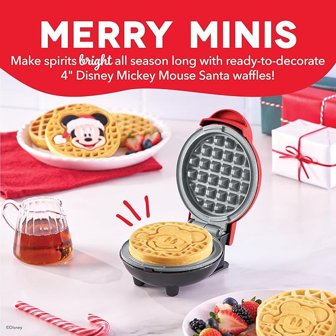 Disney Dash Mickey Mouse Santa Mini Waffle Maker - Electric Waffle Maker for Creative, Homemade Treats - Features Built-In Cord Wrap & Pre-Heating Indicator Light