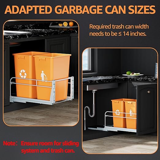 Double Pull Out Trash Can Under Cabinet with Door Mounting Kit,Under Sink Trash Can for Kitchen with Soft-Close Slides, Not Included Can，Requires Minimum Cabinets Opening 16" W X 24" D