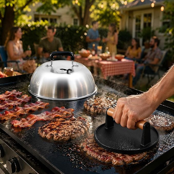 3Pcs Basting Cover & Smash Burger Press, Leonyo 12"- 9"- 6.5" Melting Dome for Griddle, Cast Iron Bacon Press Griddle Steam Dome Lids Smash Burger Kit for Kitchen, Outdoor BBQ Flat Top Grill