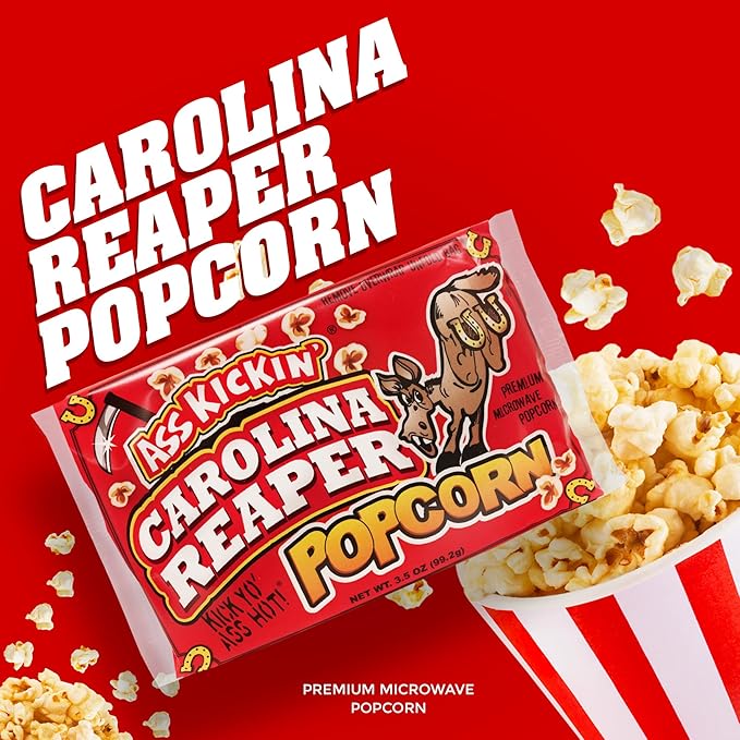 ASS KICKIN’ Carolina Reaper Pepper Microwave Popcorn – 6 Pack - Ultimate Spicy Gourmet Gift Popcorn - Makes a Great Movie Theater Popcorn or Snack Food - Try if you dare!