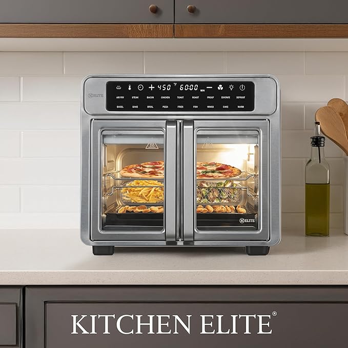 Kitchen Elite 26 Quart French Door Air Fryer Oven – Family Size Countertop Convection Cooker with LED Display, Stainless Steel