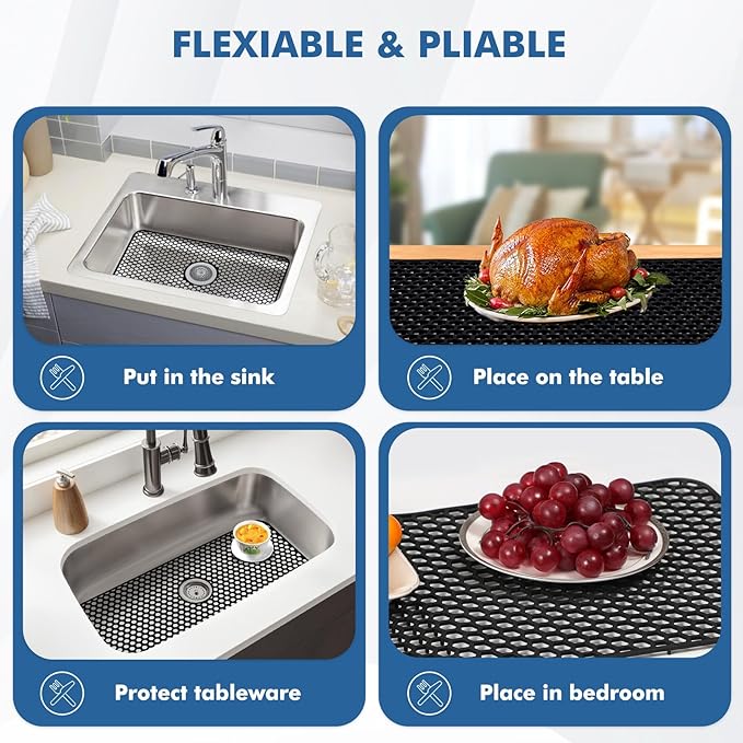 Bestjing Silicone Sink Protectors for Kitchen Sink with Center Drain, 26"x 14" Kitchen Grid Accessory, Non-Slip Heat-Resistant Mat for Bottom of Farmhouse Porcelain Stainless Steel (Center Hole,Black)
