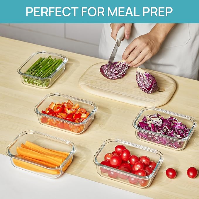 Vtopmart 5Pack 22oz Glass Storage Containers with Lids, Glass Meal Prep Food Container Sets with Snap Airtight Lids for Microwave, Oven, Freezer and Dishwasher, Multicolour