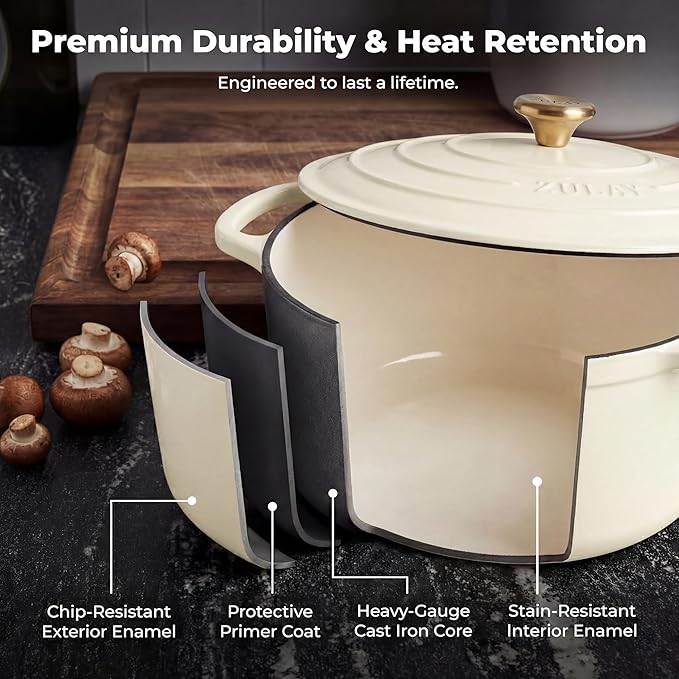 Zulay Kitchen 7.7 Quart Enameled Cast Iron Dutch Oven Pot with Lid – Premium Durability & Oven Safe up to 500°F – Heavy Duty Cookware Perfect for Bread Baking, Stews, Braising & Roasting – Ivory