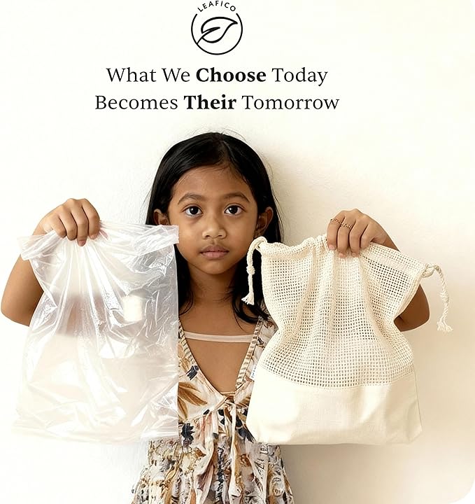 LEAFICO Reusable Produce Bags – 100% Cotton Mesh & Solid Hybrid (Medium 10x12 inch 6 Pcs) – Reusable Grocery Bags for Apples, Carrots, Bulk Vegetables – Washable, Plastic-Free, Breathable, Zero Waste