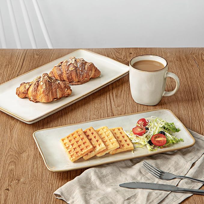 Famiware Serving Platter, Rectangular 15.67/14.1/12.6inch Serving Dishes for Entertaining, Microwave Dishwasher Safe, Stoneware Serving Trays for Party, Turkey, Cheese, Ocean Series, Cappuccino White