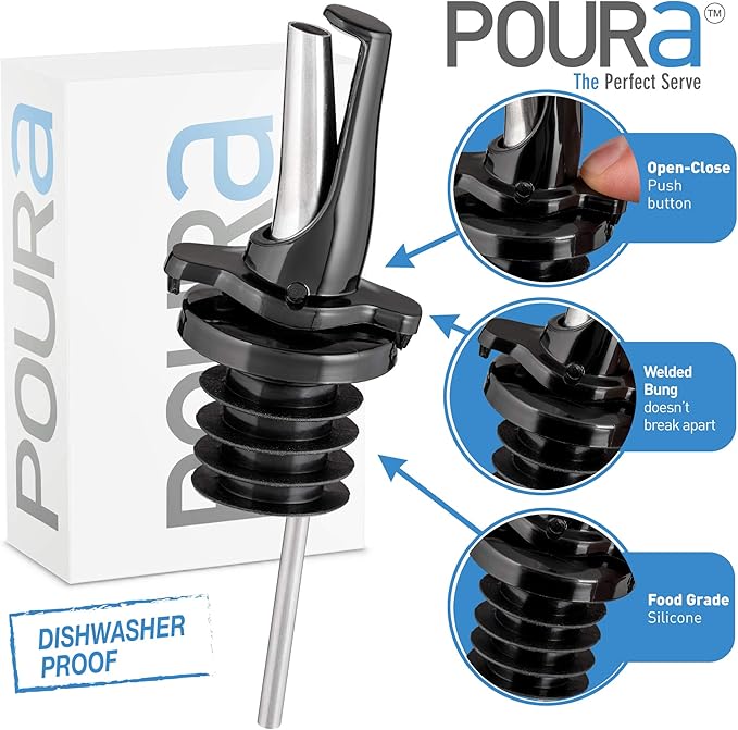Poura 8 Liquor Pour Spouts (Black) with Built-in Caps for Optimal Fly & Dust Protection - Dishwasher Safe, Hygienic Spouts - with Adapters for Large Neck Bottles