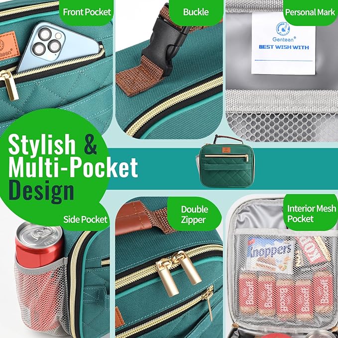Genteen Lunch Box for Kids, Boys - Insulated Small LunchBox Reusable, Zip Closure & Buckle Handle, Portable Cooler for Work, School, Travel (Lake Green)