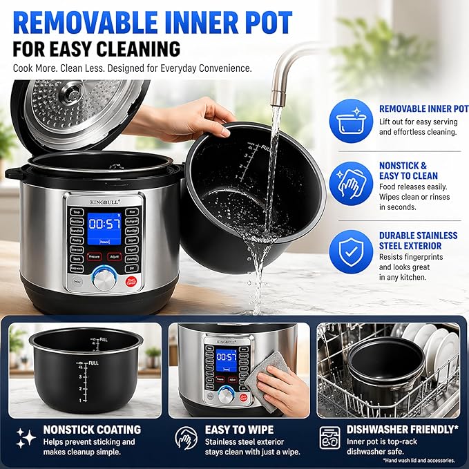 KINGBULL 14-in-1 Electric Pressure Cooker 6 Quart, Stainless Steel Multi Cooker with LCD Display, Slow Cooker, Rice Cooker, Steamer, Sauté, Yogurt Maker, Warmer, DIY Mode, Black