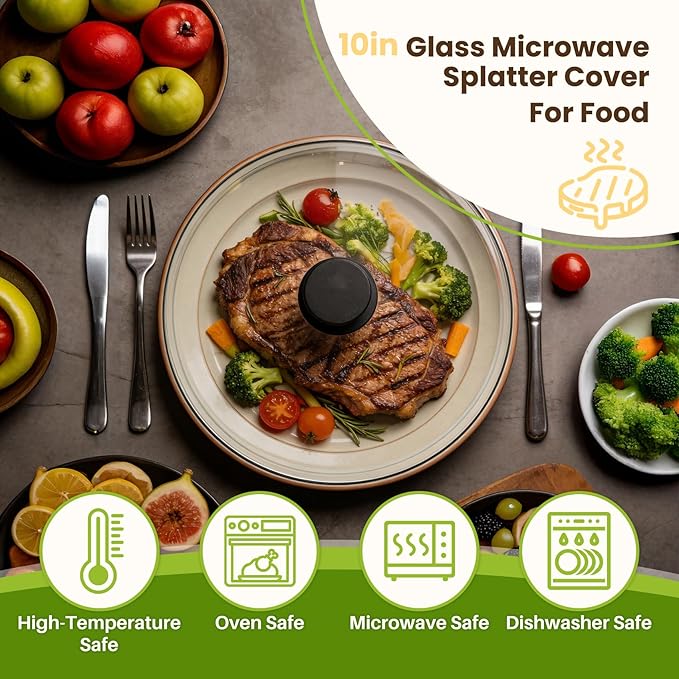 10in Glass Microwave Splatter Cover Microwave Safe Glass Lid Cover with Ceramic Screw, Heat Resistant Tempered Glass Splatter Guard, Vented Universal Microwave Plate Cover, Dishwasher Safe