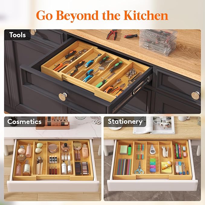 Lifewit Silverware Drawer Organizer Tray,Bamboo Cutlery Silverware Flatware Holder,Flatware and Utensil Holder Divider for Spoons Forks Knives Tableware