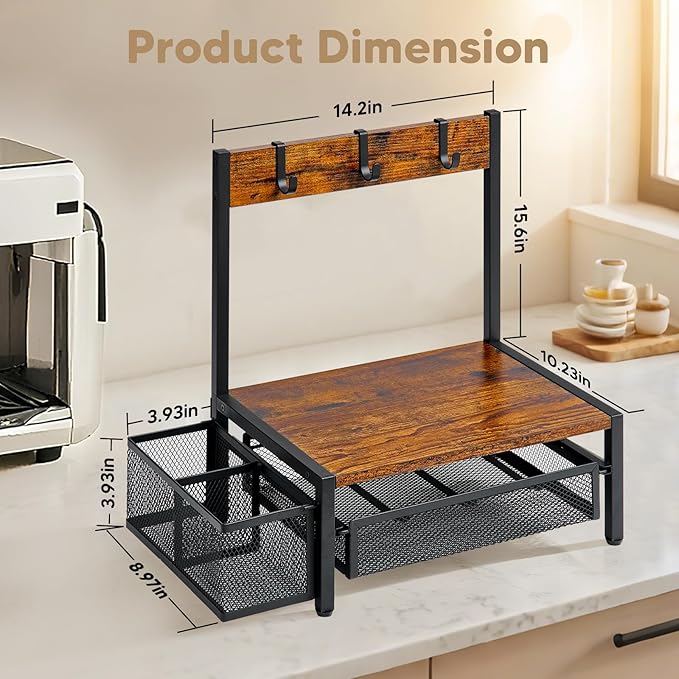 DGWJSU Tea Bag Organizer, Wood Tea Organizer and Storage Cheast, Tea Bag Holder with Storage Drawer, 4 Hooks for Tea Cups Holder, Tea Station Chest Display Container Box for Countertop Kitchen