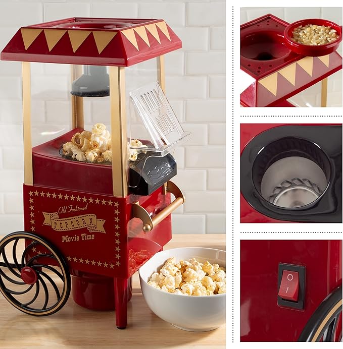 Air Popper Popcorn Maker - Hot Air Popcorn Popper - 6-Cup Vintage Style Oil Free Countertop Popping Machine with Measuring Cap - Movie Night Supplies by Great Northern Popcorn (Red)