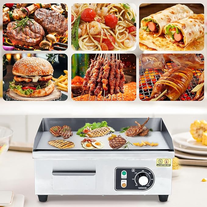 18" 1500W Commercial-Grade Stainless Steel Electric Griddle – Adjustable Temp 122-572°F, Half Flat Top Grill with 2 Shovels & Brushes, Plug Included for Indoor/Outdoor Cooking