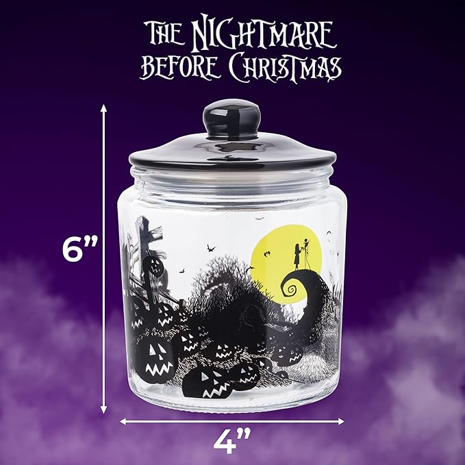Silver Buffalo Disney Tim Burton Nightmare Before Christmas Moon Hill Graveyard Scene Jack Skellington and Sally Glass Cookie Snack Candy Jar with Lid (Small)
