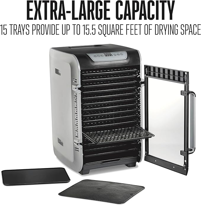 Weston Food Dehydrator Machine for Jerky, Fruit, Meat, Herbs, Vegetables, with Precision Digital Temperature Control (90-160F), 15 Stackable Trays (15.5 sq. ft.), Gray (75-1501-W)