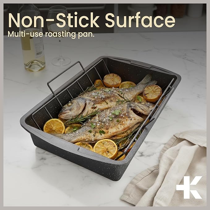 BAKKEN Nonstick Turkey Roasting Pan with Rack – Large Heavy-Duty Carbon Steel Roaster with Wide Handles, Ideal for Roasting, Baking & Grilling, Oven Safe up to 450°F, Gray Marble Finish 17 x 13-Inch