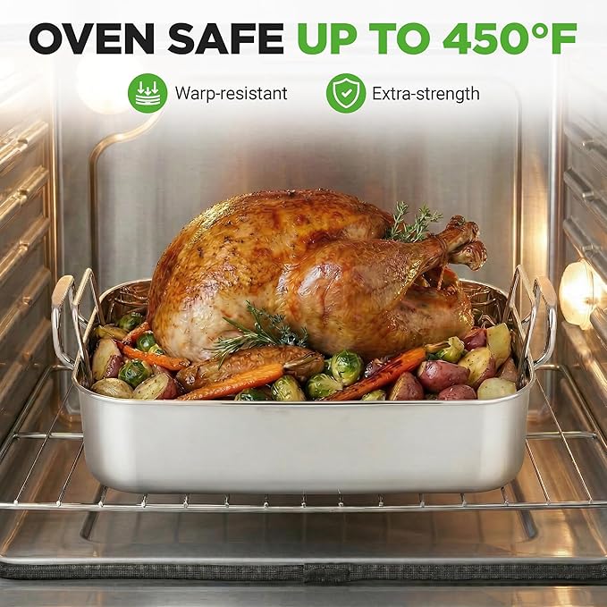 NutriChef Premium Stainless Steel Roasting Pan with Rack – Heavy‑Duty 14″ Turkey Roasting Pan for Turkey, Chicken & Meats (Wide Handles, Dishwasher Safe)