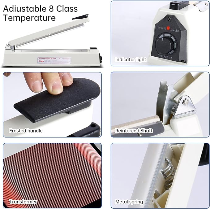 Impulse Heat Sealer with Seal bar, Heavy-Duty Bag Sealing & Cutting Machine, 2 Extra Replacements (white, 8inch)