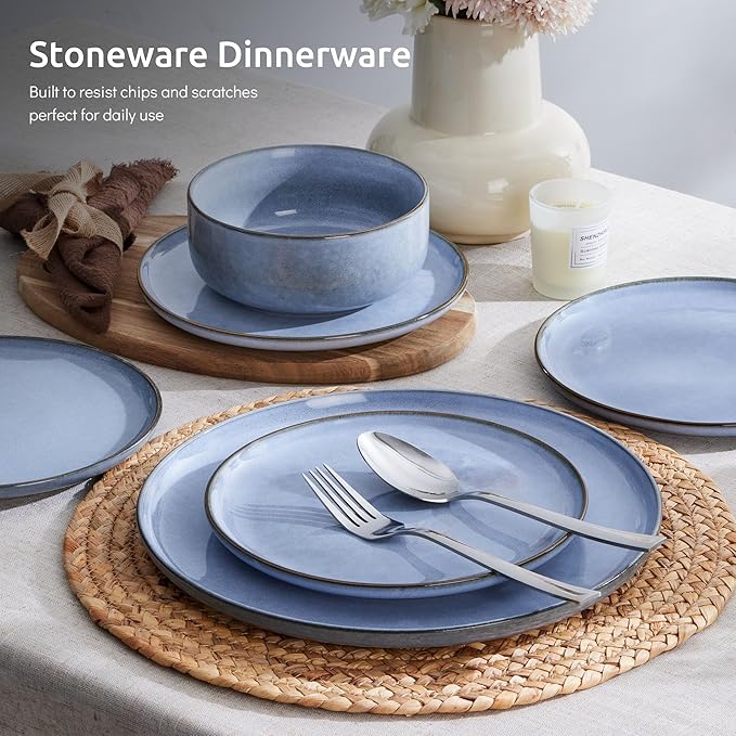 E-far 6-Piece Reactive Glaze Dinnerware Sets, Ceramic Dishes Set for 2, Stoneware Plates and Bowls Dinning Ware, Microwave & Dishwasher Safe - Ocean Blue