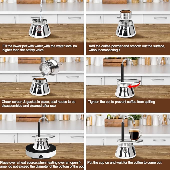 1 Cup Single Tube Moka Pot Stainless Steel Stovetop Espresso Maker Cafeteras Italian Percolator Espress Makers Capable Greca Mocha Coffee Machine for Induction Home 90ml 3oz