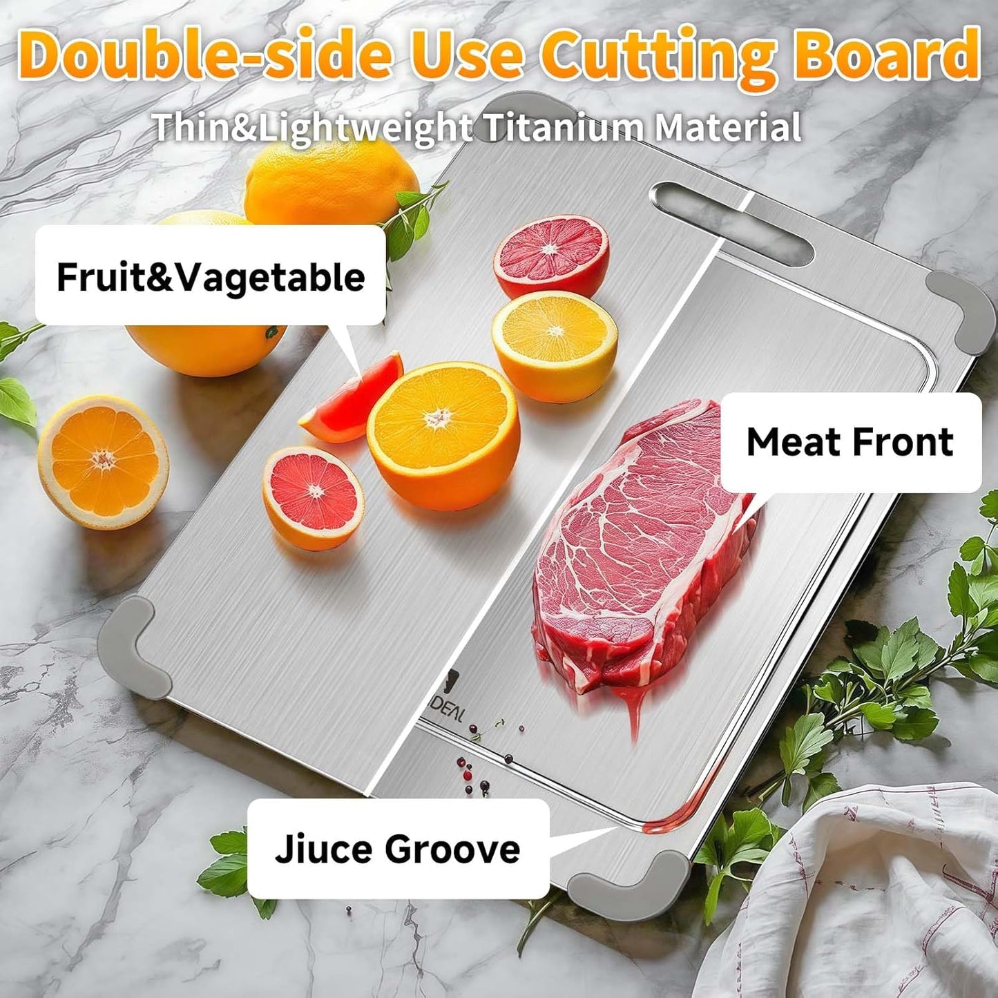 100% Pure Titanium Cutting Board with Grooves, Update Double Side Titanium Chopping Board, Silicone Anti-slip Stainless Cutting Boards for Kitchen 12 * 18 IN, Grey