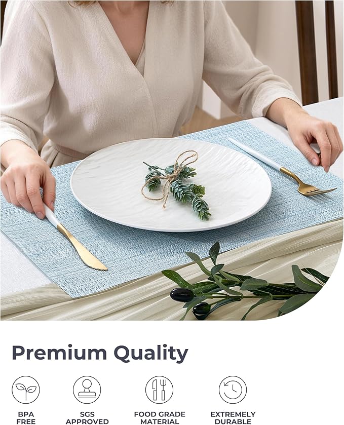 Leetaltree Soft Sky Blue Woven Placemats Set of 8 - Heat Resistant Non-Slip Place mats for Dining Table, Washable Durable PVC Vinyl Woven Table Mats(Sky Blue, 8)