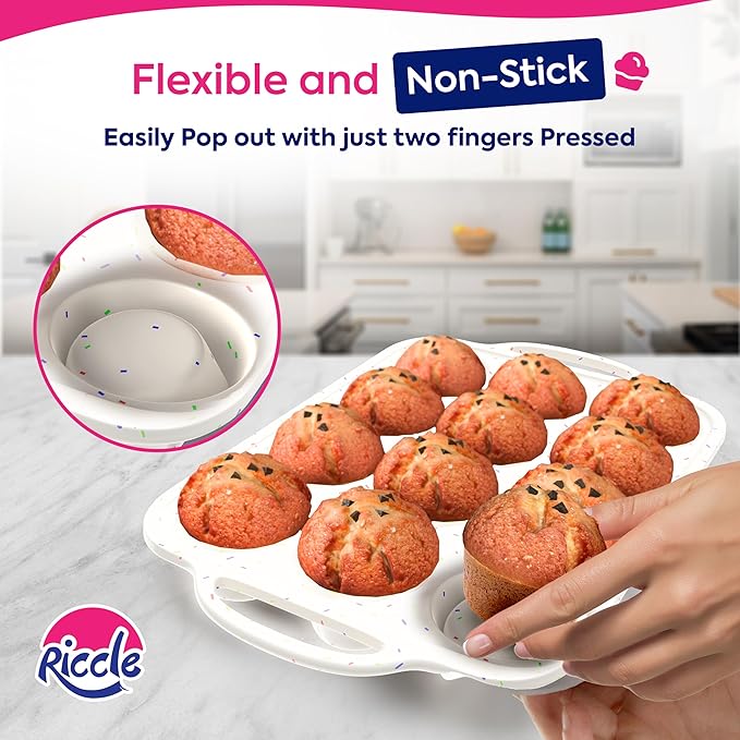 RICCLE Silicone Muffin Pans for Baking with Metal Reinforced Frame, 12-Cup Cupcake Pan, 2 Pcs Muffin Trays for Cupcake Baking, Tray Molds, Oven & Dishwasher Safe, BPA-Free (2 x Regular)