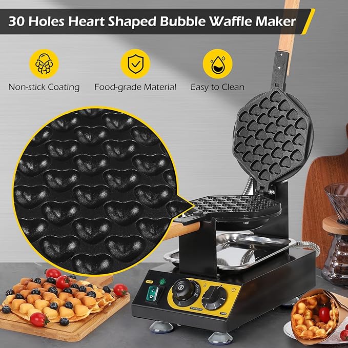 Dyna-Living Commercial Bubble Waffle Maker, 1400W Non-stick Egg Waffle Maker with Crumb Tray, 30 Egg Cones Heart Shape Hong Kong Style Bubble Waffle Machine, 180 Rotating