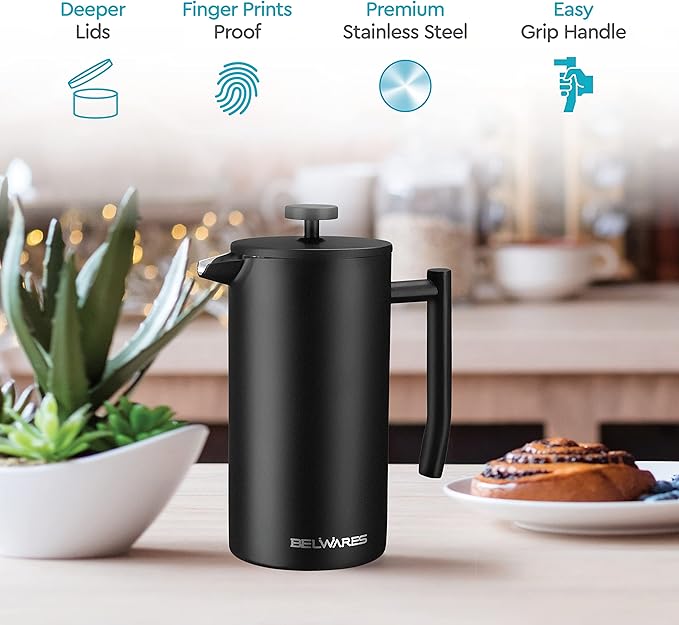 Belwares French Press Coffee Maker - Large 50oz 6-Cup, 304 Stainless Steel Coffee Press, Double Wall Insulated Heat Retention, 4-Level Filtration for Smooth Ground-Free Coffee, 2 Extra Filters, Black