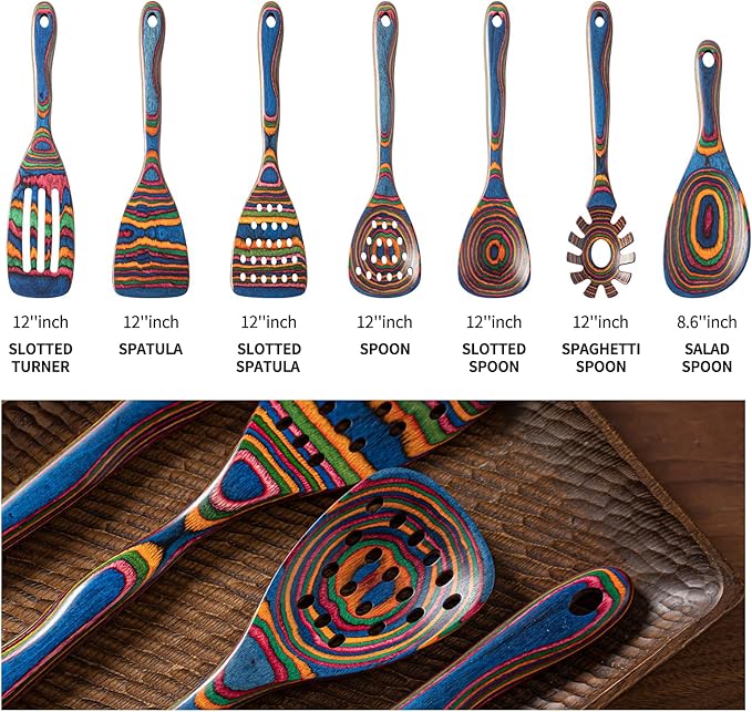 Gudamaye Pakka wood 7-Piece Blue Wooden Cooking Utensils, Wooden Spoons for Cooking, Wooden Spoon Set, Wooden Kitchen Utensil set, Pakkawood Cooking Spoons, Non-Stick Spoon,Pakkawood kitchen utensils