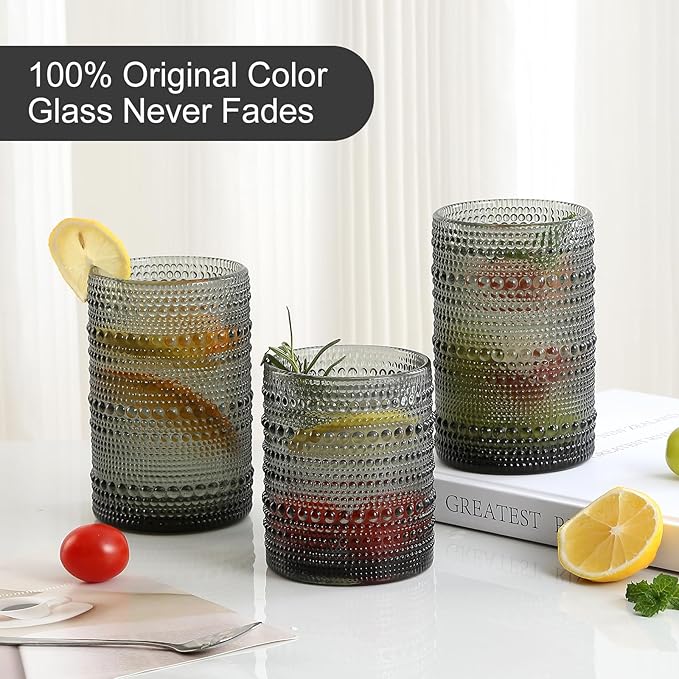 ZMOWIPDL Vintage Glassware Drinking Glasses Set of 12,Grey 12oz & 15oz Hobnail Glass Cups,Embossed Water Tumbler,for Beer,Cocktail,Whiskey,Juice and Various Mixed Drinks- 1 Cleaning Brush