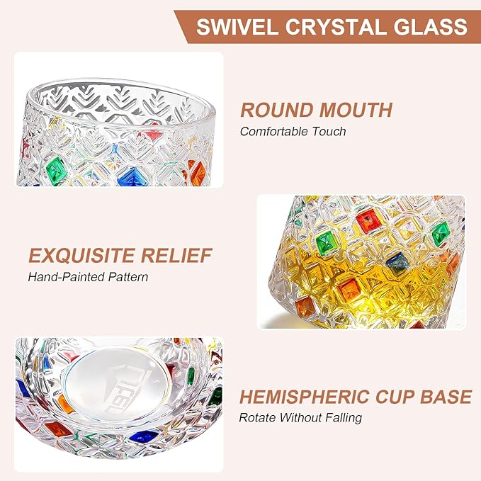 Rotatable Old Fashioned Glass Cup, 10oz/275ml Crystal Whiskey Glass, Wood Coaster, Thickening, Used as Rum Glass, Cocktail Cup, Coffee, Milk to Relax and Reduce Stress, Ideal Gift, Christmas gifts