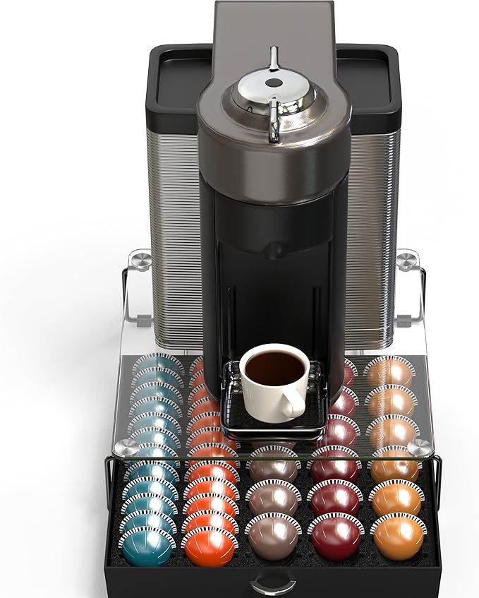 Deco Brothers Crystal Tempered Glass Vertuo Pod Holder Drawer, 30 Large or 60 Small Nespresso Capsule Organizer, Black