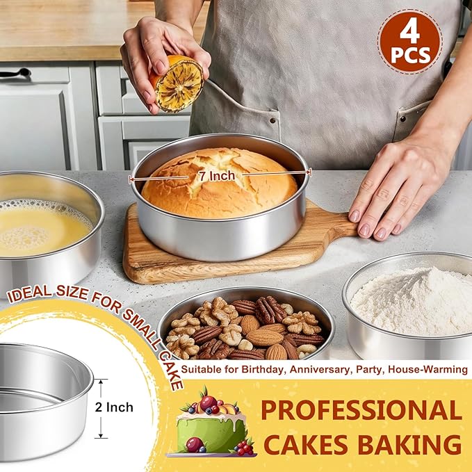 P&P CHEF 7 Inch Cake Pan Set of 4, 4 Pieces Round Layer Cake Baking Pans, Stainless Steel Smash Cake Tin Bakeware for Cooking Steaming, Nontoxic & Sturdy, Oven & Dishwasher Safe
