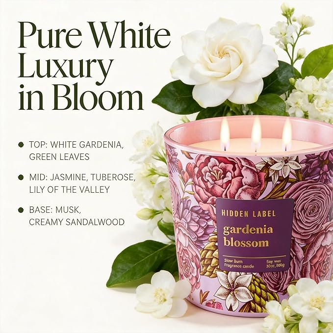 Hidden Label Gardenia Blossom Scented Candle, 30oz Large 3 Wick Natural Soy Wax Candle, 100 Hours Slow Burn Aromatherapy Candle for Stress Relief, Relax & Sleep, Gifts for Women & Men