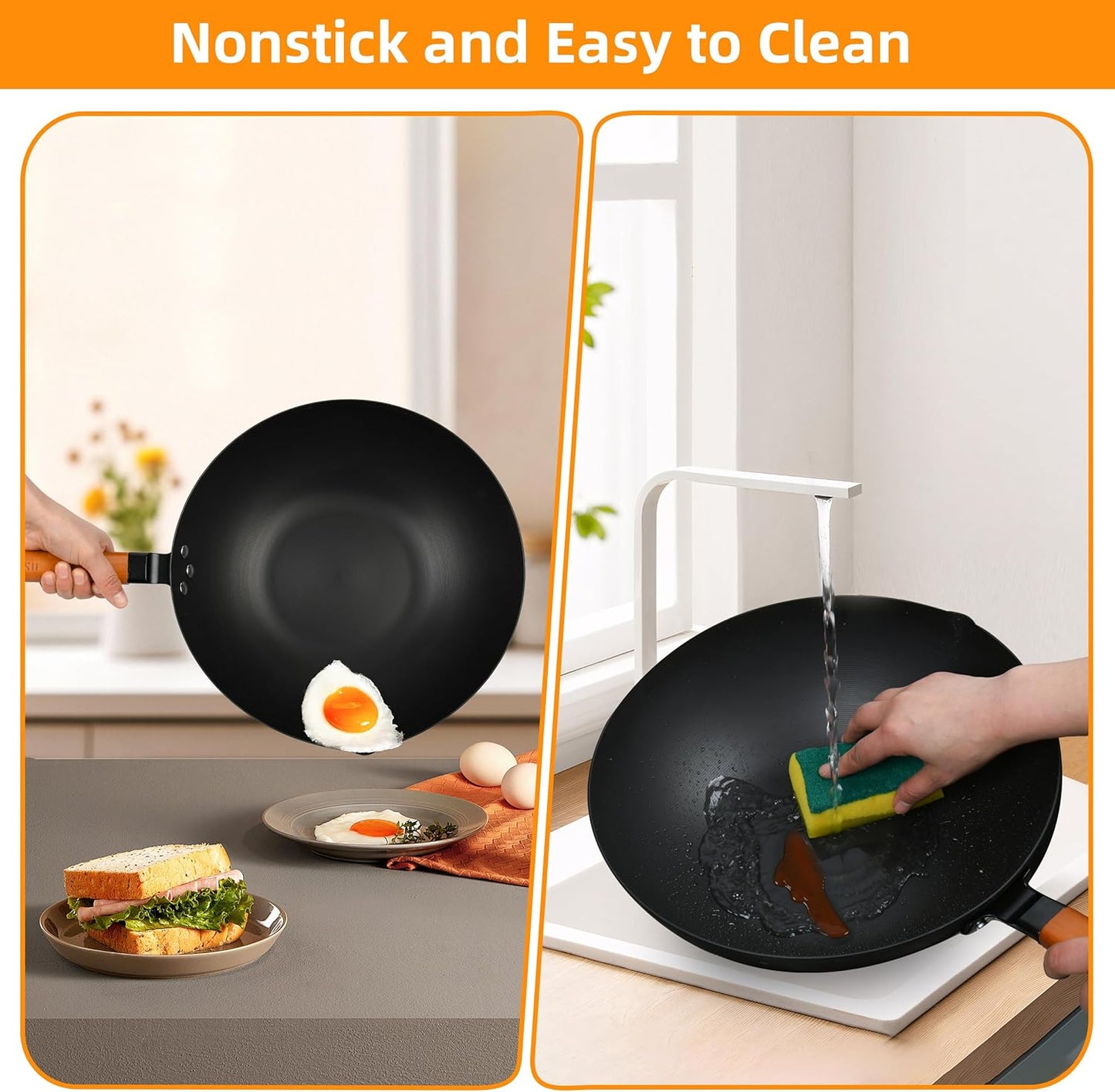 12.5-Inch Carbon Steel Wok with Lid – Pre-Seasoned Flat Bottom Stir-Fry Pan, Nonstick Wok for Induction, Gas, Electric & All Stovetops – Chinese Wok with Glass Lid