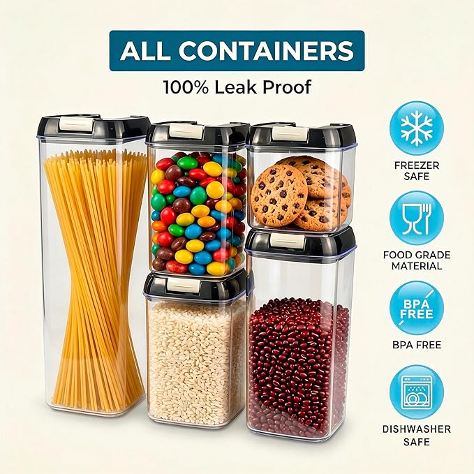 OMIO Airtight Food Storage Containers 5-Pack, BPA-Free Stackable Kitchen Canisters for Pantry Organization – Perfect for Cereal, Grains, Flour, Sugar, Snacks (1.9L, 1.2L, 0.8L x2, 0.5L)