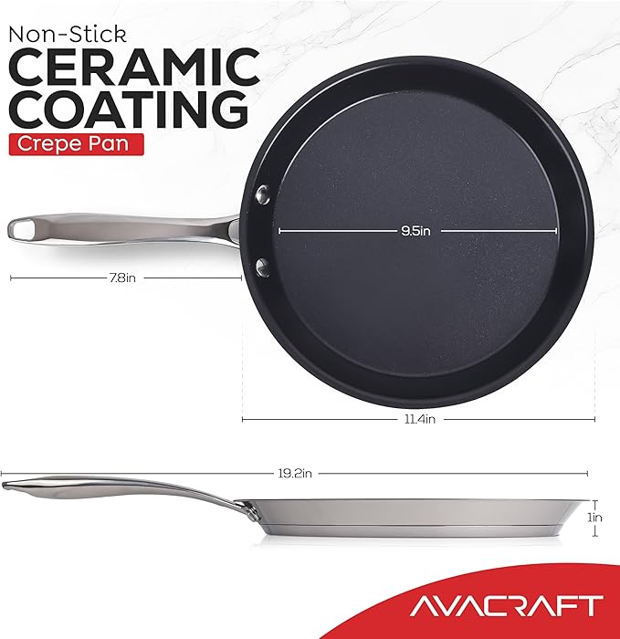 AVACRAFT 11 inch Nonstick Ceramic Coating Stainless Steel Crepe Pan, Tawa, Dosa Tortilla Pan, Compatible with All Stovetops, PFOA, PTFE Toxinx Free
