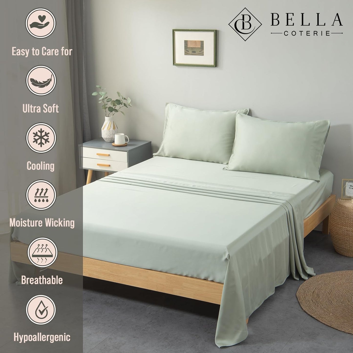 Bella Coterie Luxury Bamboo Viscose Full Size Sheet Set | 100% Organically Grown | Ultra Soft | Cooling for Hot Sleepers | 18" Deep Pocket [Sea Glass]