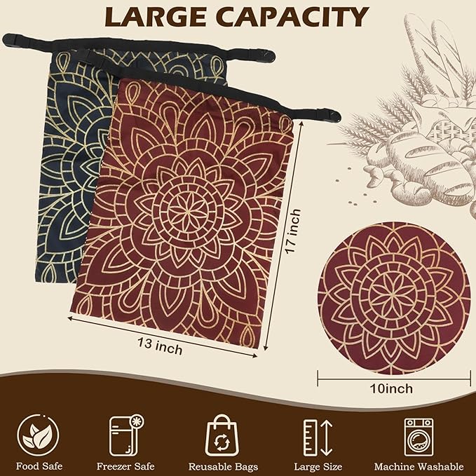 2 Pack Reusable Bread Bags for Homemade Bread, 17"×13" Sourdough Bread Storage Bags with Bowl Cover - Keep Loaf Fresh and Easy to Wash(Brown Diamond)