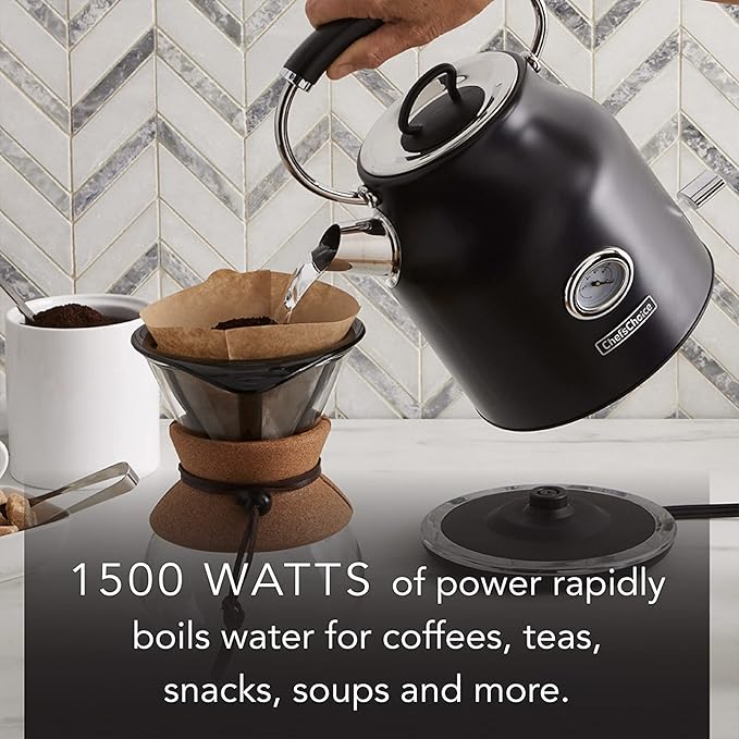 Chef'sChoice Electric Kettle Gourmezza Stainless Steel 1500 Watts with Auto-Shutoff & Boil-Dry Protection, 1.7-Liter, Black