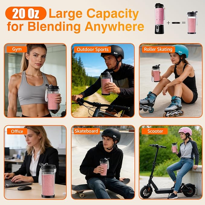 Portable Personal Size Mini Blender - 20oz Cordless Smoothies Blender Type-C Rechargeable, BPA-Free Juice Cup, Freshly Squeezed in Outside/Office/Gym