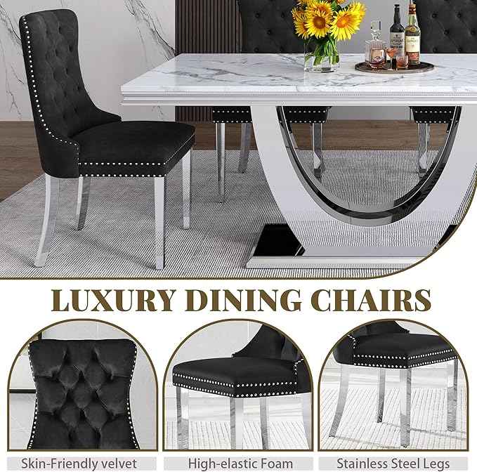 Marble Dining Table Set for 6,70" White Faux Marble Kitchen Tables and Velvet Chairs for 6,7 Piece Luxury Dining Room Table Set and 6 Upholstered Chairs with Silver Stainless Steel Bases
