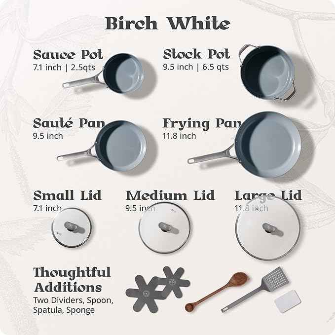 Premium Non-Toxic Ceramic Cookware Set – Triple-Layer Nonstick 12 Piece Pots and Pans with Lids, PFAS-Free, Oven Safe for Healthy Meals, Space-Saving Design, Birch White Color | Greater Goods