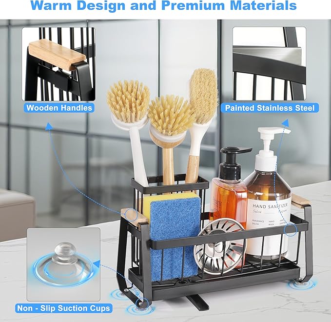 Sponge Holder for Kitchen Sink Organizer, Stainless Steel Sink Caddy Suction Cup with Dish Brush Holder, Rustproof Drying Rack, Sponge Caddy and Dish Soap Organizer for Kitchen Countertop