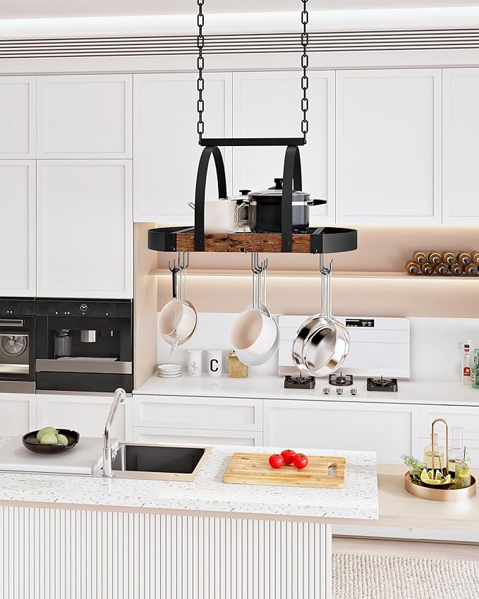CHOEZON Hanging Pot Rack, Pot Hanger for Kitchen, Ceiling Mounted Pot Holder, Cookware Organizer with 9 S-Shaped Hooks, for Pot, Pan Storage, Space-Saving, Rustic Brown and Black TPR07BF